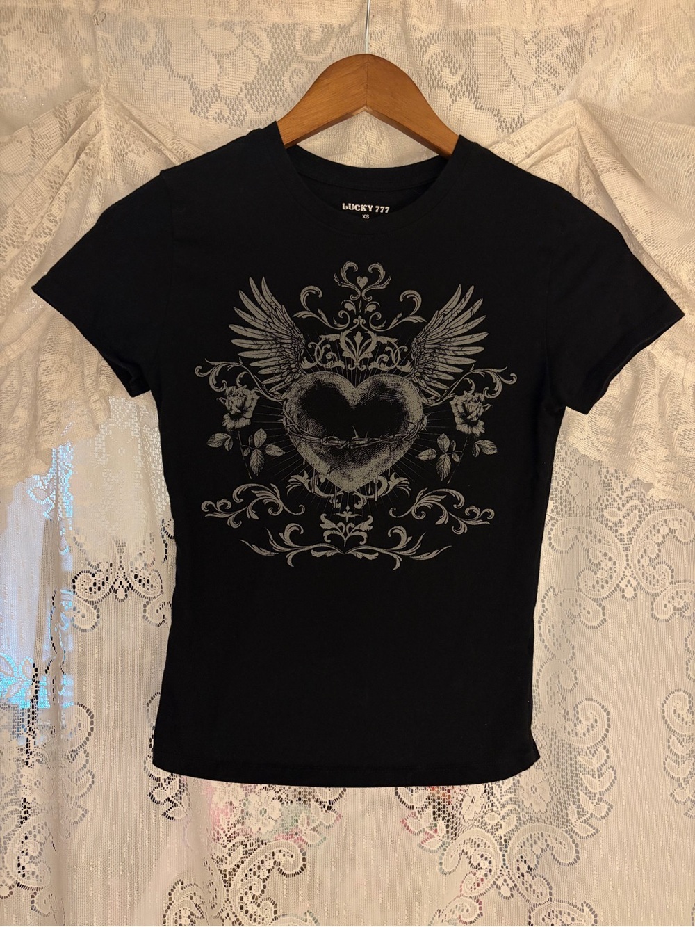 Black Short-Sleeve Tee with Winged Heart Graphic